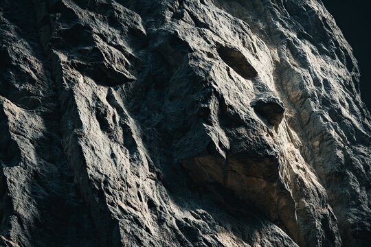 Low-angle shot of a clean, dark mountain face with textures and crevices highlighted by harsh side lighting (midday sun), climbing, rugged, photorealistic, cinematic,