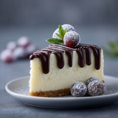 Cheesecake on White Plate with Cranberries