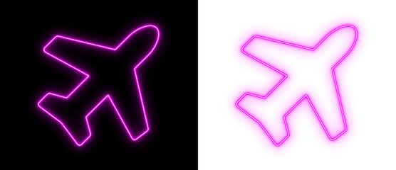 Pink neon airplane icon glowing on black and transparent backgrounds, bright travel and aviation outline symbol for navigation and UI design