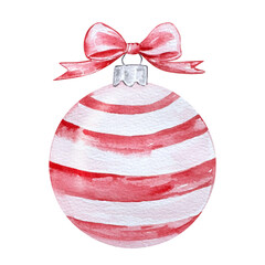 Watercolor Red Christmas ornament with red bow, illustration for holiday design.