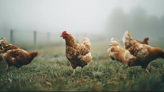 Group of free-range chickens foraging on grassy patch in farm setting with tall grass and blurred farmyard background