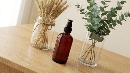 Minimalist Still Life with Amber Spray Bottle, Dried Wheat and Greenery in Glass Vases on Wooden Surface