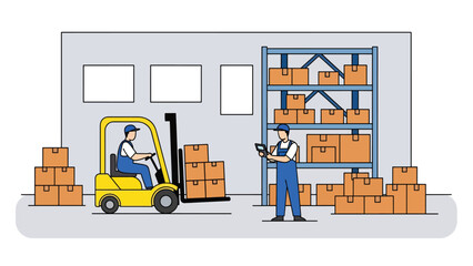 Vector illustration of warehouse workers managing inventory with a forklift and tablet, highlighting logistics operations, supply chain management, and efficient distribution in a modern storage