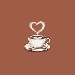 Cozy coffee cup with heart steam on saucer and spoon