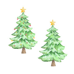 Watercolor Christmas Trees set with ornament and star, illustration for holiday design.