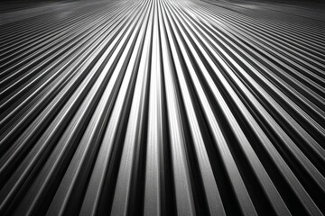 Obraz premium Low-angle shot looking up at a clean, powerful, abstract pattern formed by overlapping, clean corrugated metal/steel sheets, perspective, industry, high contrast, hyperre