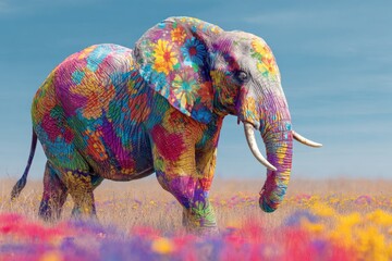 Obraz premium Colorful African Elephant Walks Through Savanna Filled With Flowers in Summer Sunshine While Showcasing Vibrant Patterns