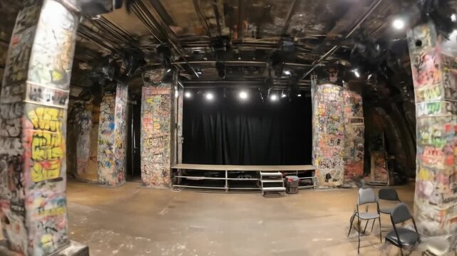 A large, open space with graffiti-covered columns, stage, and chairs, with a dim ceiling