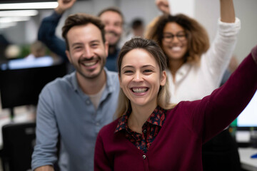 A group of joyful colleagues celebrating together in an office environment, showcasing teamwork, success, and the importance of positive relationships in the workplace.