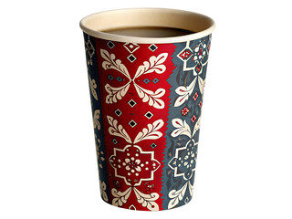 Tall paper cup with colorful patterned design filled with dark liquid isolated on white background