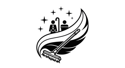 Cleaning service logo with broom and people icons.