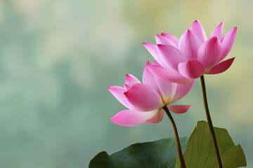 Two exquisite pink lotus flowers gracefully blooming against a soft pastel background, symbolizing purity, serenity, and the tranquil beauty of nature.