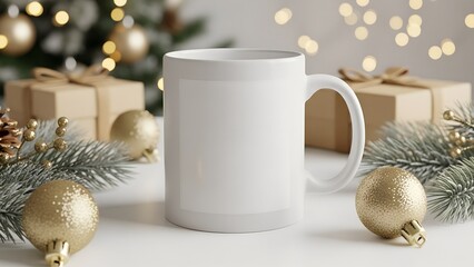 Blank White Ceramic Mug Mockup with Gold Ornaments, Gift Boxes, Pine Cones and Christmas Lights