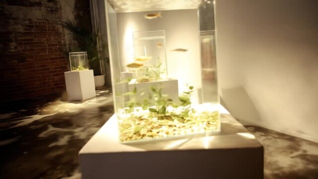 Four enclosed aquariums on pedestals are arranged in a row with a brick wall and a plant