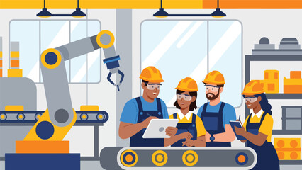 Industrial training program for workers in factory setting, modern flat vector illustration, ideal for education, skills, and workforce development