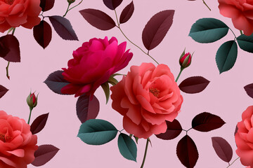 A stunning floral composition featuring richly colored roses and lush green leaves on a soft pink background, exemplifying beauty, romance, and nature's artistry.