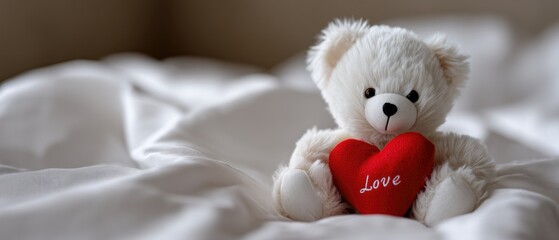 Cute teddy bear holding a red heart with love on a soft background, perfect gift for expressing affection and warmth in any setting