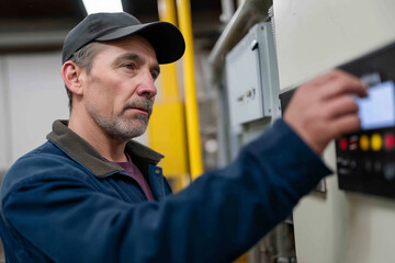 A diligent worker is adjusting the controls on a machine in a factory, highlighting the importance of precision and attention to detail in a manufacturing environment.
