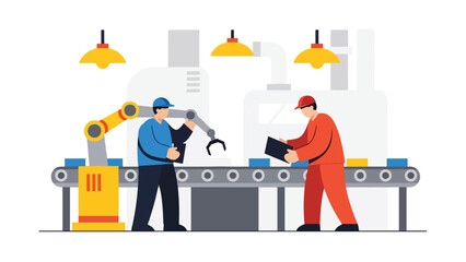Industrial teamwork collaboration in factory environment, modern flat vector illustration, ideal for leadership, productivity, and business visuals