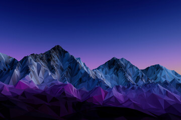 This image features stylized polygonal mountains set against a stunning twilight sky with gradients of purple and blue, presenting an abstract artistic interpretation of nature.