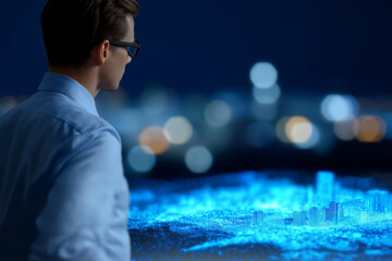 A businessman observes a futuristic 3D urban layout illuminated in blue light, representing technological advancement and the integration of urban planning with digital visualization.