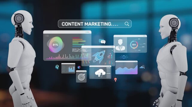 Two humanoid robots appear to engage in a discussion about content marketing, surrounded by various digital analytics and visualization elements in a modern workspace. Synapse