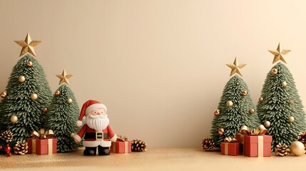 Festive Christmas banner with 3D Santa Claus and snowman miniature, pine trees and gift boxes. winter background scene.