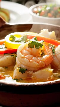 Close Up Steaming Bowl of Brazilian Moqueca With Shrimp, Fish, Cilantro and Bell Peppers