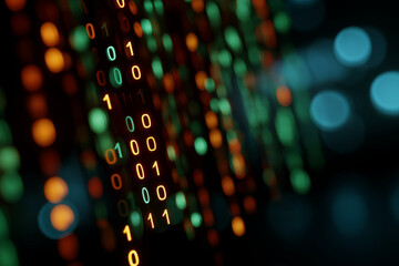 An abstract view of glowing binary data flowing in a digital landscape, highlighting the connection between technology, information, and the modern digital age.