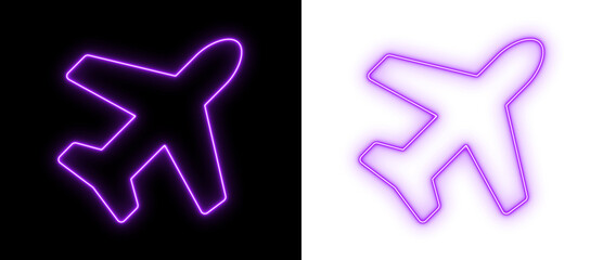 Purple neon airplane icon glowing on black and transparent backgrounds, bright travel and aviation outline symbol for navigation and UI design