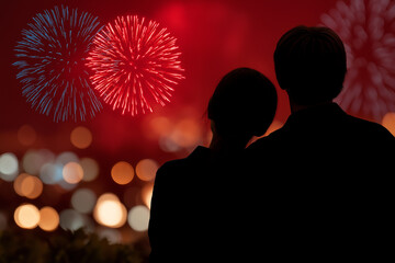 A romantic scene of a couple silhouetted against a vibrant display of fireworks, capturing an emotional moment that highlights love and celebration during the festive night.