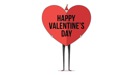 A cheerful cartoon character wearing a red heart shaped sign saying happy valentine's day on white background