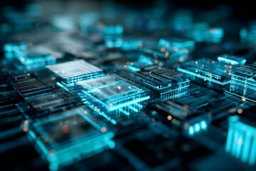 Abstract representation of digital technology with floating binary codes and data blocks illuminated in vibrant turquoise tones for futuristic concepts