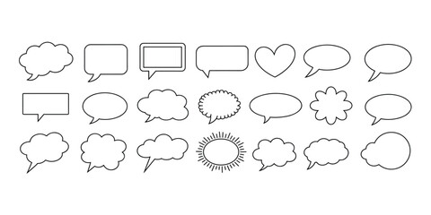 Collection of hand-drawn speech bubble shapes and sun icon on white background Keywords: speech bubble, talk bubble, chat bubble