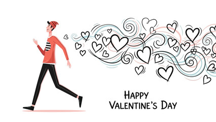 Man walking with hearts floating around him on valentine's day with a joyful feeling