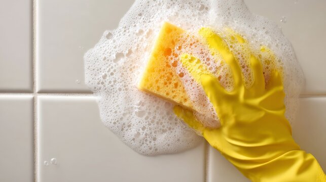 Close-up of a Gloved Hand Wiping Bathroom Tile with a Sponge and Suds for Deep Cleaning Purposes
