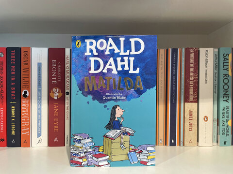 Lviv, Ukraine - April 25, 2025: Bookstore display featuring Matilda book by Roald Dahl 