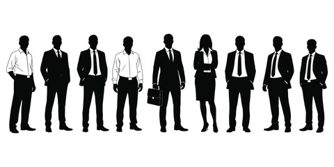 Diverse group of business people silhouettes standing in a line on white background vector illustration