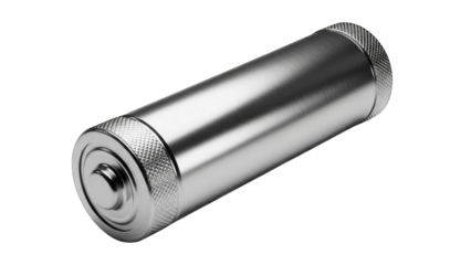 Closeup of a shiny metal cylinder with threaded ends isolated on transparent background