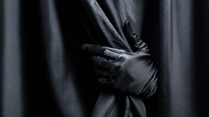 Obraz premium Elegant Black Satin Glove Lifting Back Curtain in Dramatic Soft Light for Artistic Photography