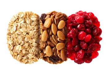 Three granola bars with oats nuts and cranberries isolated on white background