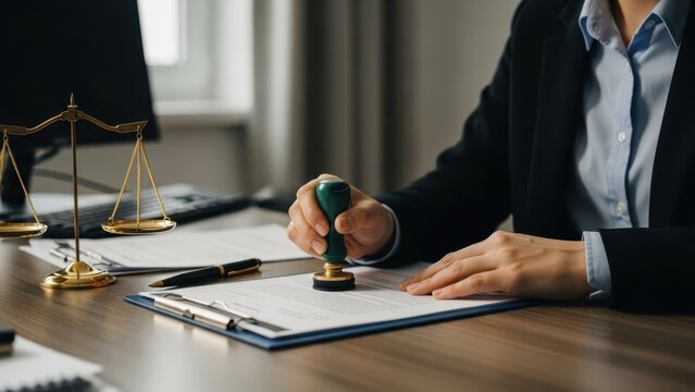 Business professional stamping official document in office setting with legal scales in background