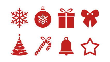 Vector illustration of Christmas Icon Set Featuring Snowflake Ornaments, Gift Boxes, Ribbons, Trees, Candy Canes, Bells, and Stars.