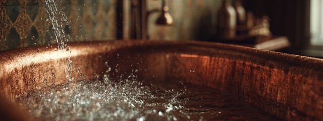 Obraz premium Vintage Copper Bathtub with Soft Splashing Water Inside a Cozy Bathroom Setting