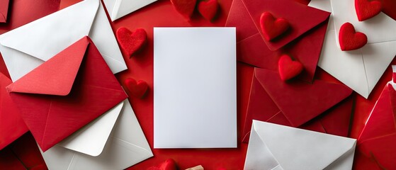Heartfelt red envelopes surround a blank white card on a festive background perfect for Valentine's Day messages or greetings