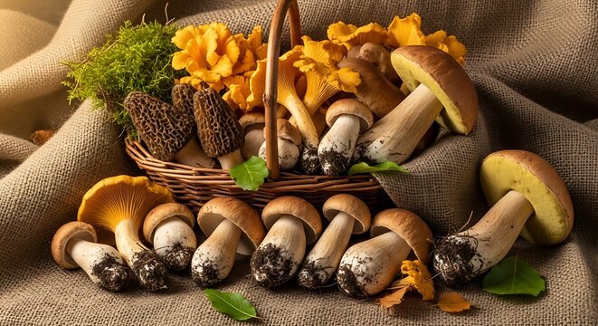 A beautiful assortment of freshly foraged wild mushrooms including porcini chanterelles and morels spilling from a rustic basket upon burlap fabric