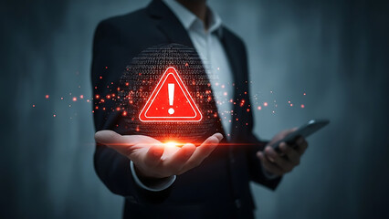 Businessman holds digital warning sign for cyber security risk