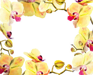 watercolor horizontal frame with yellow and red orchid flowers, buds and twigs, hand drawn tropical plant, floral sketch of blossom flowers, botanical illustration for wedding decoration