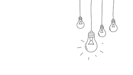 Hanging hand drawn light bulbs with one illuminated idea on transparent background. The minimalist black line art. For business presentations, educational materials, and creative design projects. PNG.