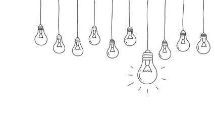 Hanging hand drawn light bulbs with one illuminated idea on transparent background. The minimalist black line art. For business presentations, educational materials, and creative design projects. PNG © Iryna
